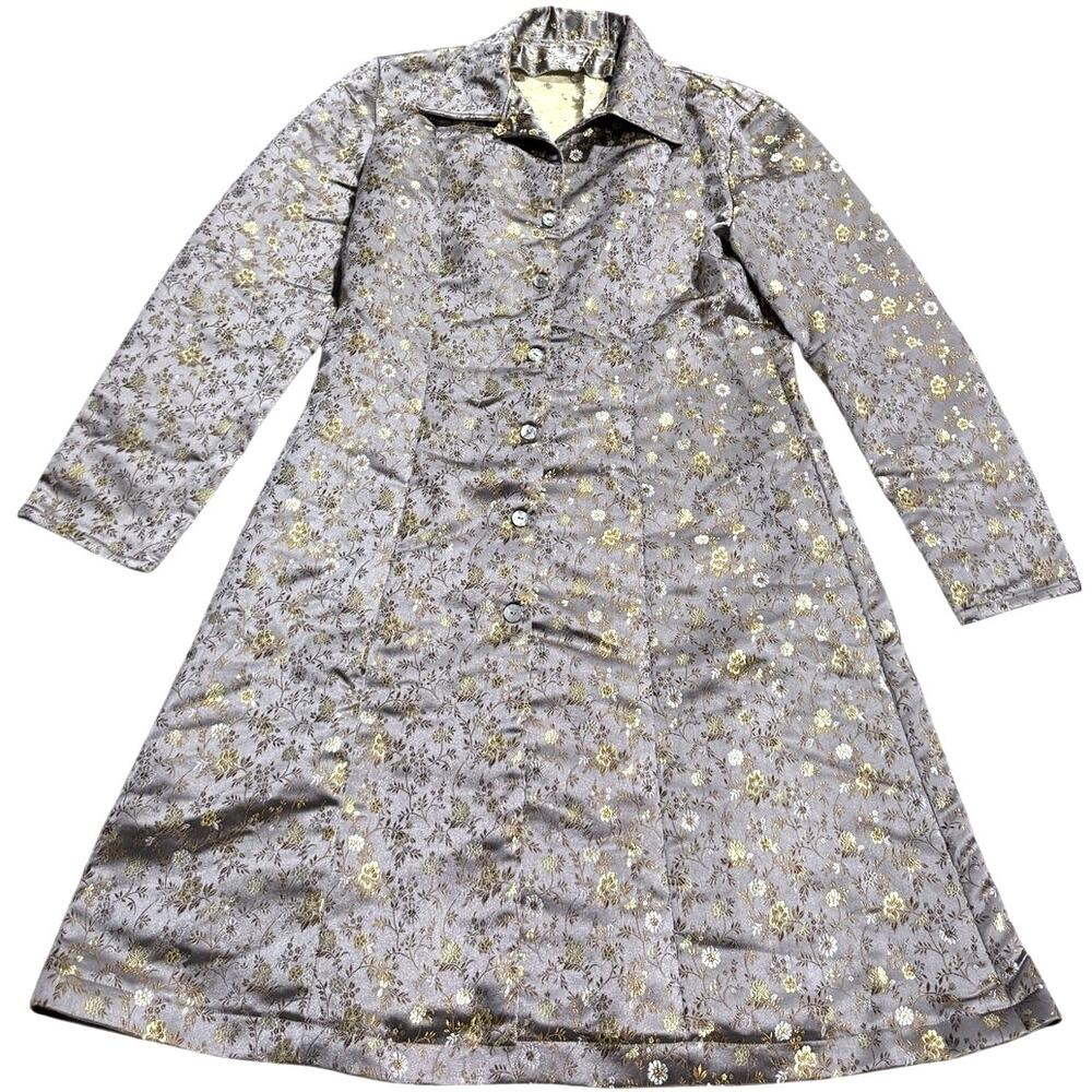 VTG Y2K Jacket Long Asian Floral Metallic Jacquard Handmade Sz Large Purple Silk